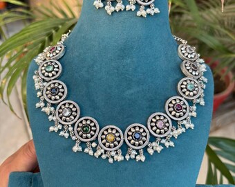Oxidized Silver Choker Set, Emerald Silver Stone, Indian Jewelry With Earrings