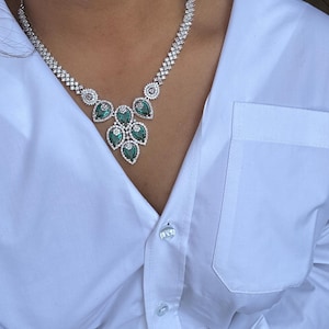 Silber Smaragdgrün Diamant Halskette, indische Schmuck, amerikanischer Diamant, CZ Zirkon, AD, dunkelgrün, Diamant Replik Schmuck mit Geschenk