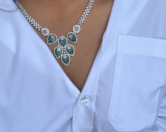 Emerald Green Choker Necklace, CZ Diamond, Indian Jewelry