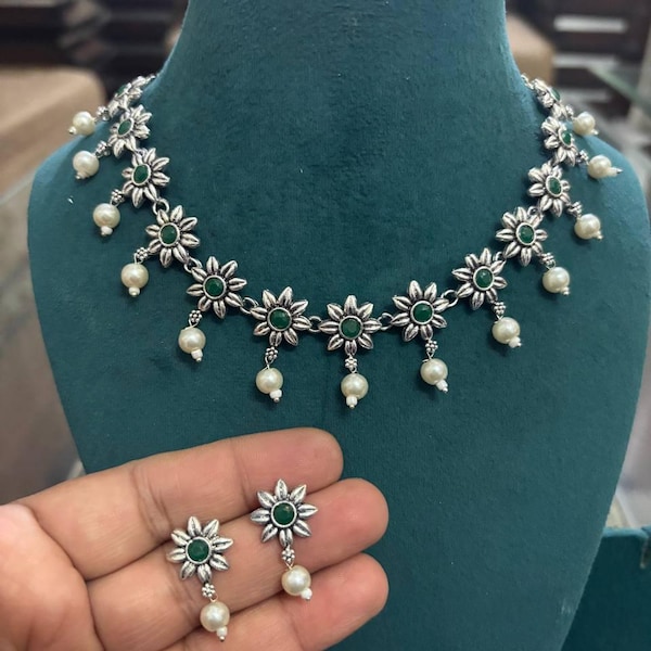 Oxidized Silver Choker Set,Silver Jewelry, Indian Pakistani Necklace