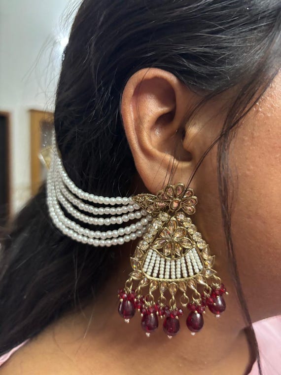 Kundan Pearl Kaan Chain Earrings: Indian Pakistani Bridal Jewelry