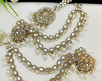 sahare With Earring And Tikka /Gold kundan pearl Chain/Pearl kaan chain/Earring support chain/Indian Jewelry/Pakistani Jewellery/jhumkachain