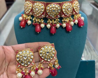 Conjunto de gargantilla Kundan, joyería nupcial india con pendientes