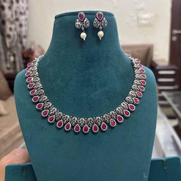 Oxidized Silver Choker Set, Emerald Stone, Indian Jewelry With Earrings