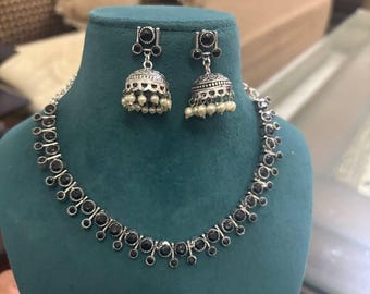 Oxidized Silver Choker Set, Emerald Silver Necklace With Earrings, Indian Jewelry