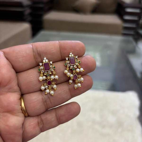 Cubic Zirconia Jhumka Earrings, Golden Indian Earrings