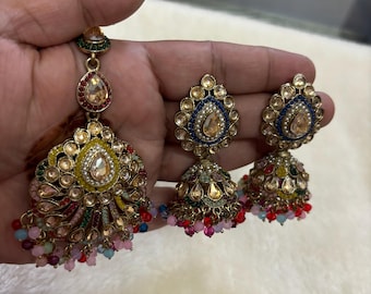 Boucles d'oreilles Kundan Jhumka avec Tikka : bijoux de mariée indiens pakistanais