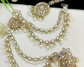 sahare With Earring And Tikka /Gold kundan pearl Chain/Pearl kaan chain/Earring support chain/Indian Jewelry/Pakistani Jewellery/jhumkachain