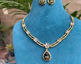 Golden Choker Set Indian Monalisa Stone Necklace, Bridal Jewelry With Earrings