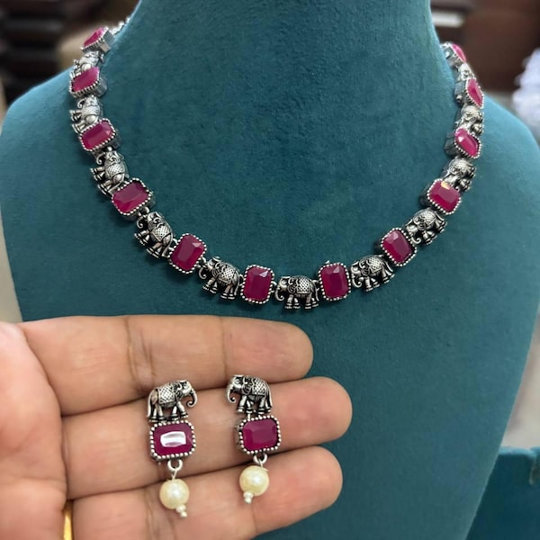 Oxidized Silver Choker Set: Indian Pakistani Jewelry with Earrings