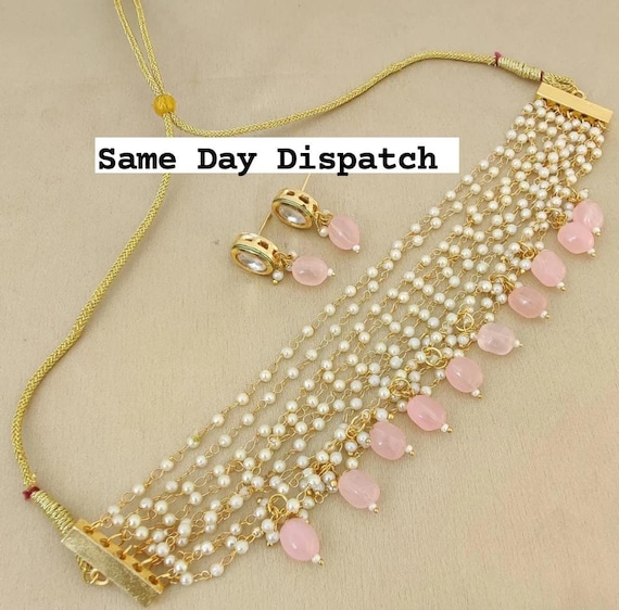 Kundan Choker Necklace Set: Pink Pearls, Indian Bridal Jewelry