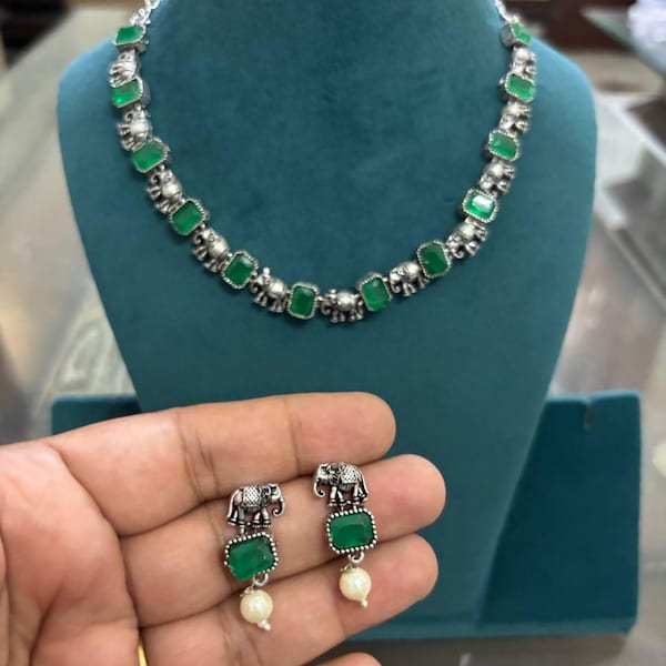 Oxidized Silver Choker Set: Indian Pakistani Jewelry with Earrings