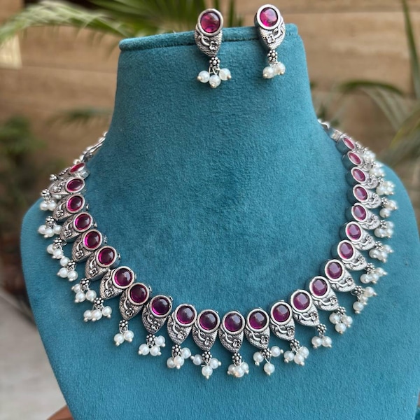 Oxidized Silver Choker Set, Emerald Stone, Indian Jewelry With Earrings