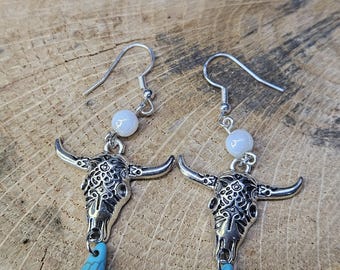 Turquoise Cow Skull Dangle Earrings: Southwestern Rodeo Jewelry