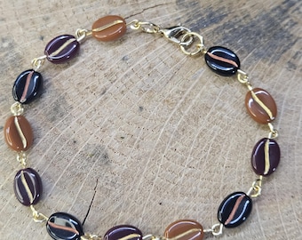 Beaded Coffee Bean Bracelet: Gold Accents, Coffee Lover Jewelry