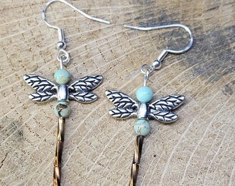 Handmade Dragonfly Dangle Earrings: Turquoise Beads, Copper Spirals