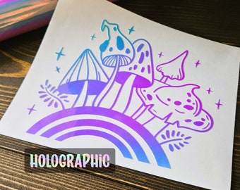 Rainbow Mushroom Holographic Vinyl Sticker, Car/Laptop Decal