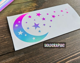 Holographic Moon and Stars Car Decal, Laptop Window Sticker