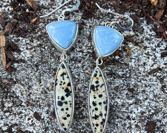 Blue Opal & Dalmatian Jasper/.925 Sterling Silver Earrings/Handmade