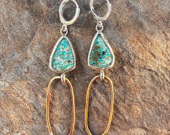 Canyon Drop Kingman Turquoise Earrings | Fine Silver Bezel| Sterling Huggie Hoops | Handformed Brass Paperclip Drop | Mixed Metal Earrings
