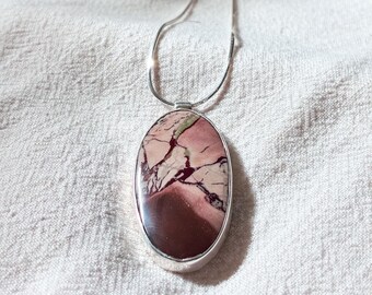 Handmade Mint Chip Jasper Gemstone Pendant Set in Fine Silver Bezel/.925 Sterling Silver Snake Chain & Lobster Claw Closure