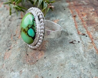 Golden Dragon Turquoise Statement Ring – Hand Smithed Fine Silver Bezel | Sterling Silver | Size 6.5 | Can be Sized Up-Upon Request