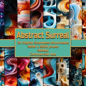 May include: A collection of 20 digital seamless downloads with abstract surreal designs. The designs feature swirling patterns in vibrant colors like blue, orange, and pink. The image includes the text "Abstract Surreal".