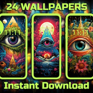 May include: Three phone wallpapers with a psychedelic design featuring an all-seeing eye, a pyramid, and a landscape. The wallpapers are in a green, blue, and red color scheme. The text on the wallpapers reads "Friday April 20, 11:11".