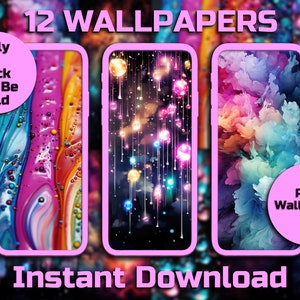 May include: A digital download of 12 rare wallpapers. The image shows three different wallpapers: a pink and orange abstract design, a dark background with colorful lights, and a colorful abstract design with pink, blue, and purple colors. The text "Only 1 Pack Will Be Sold" and "Rare Wallpapers" are also visible in the image.