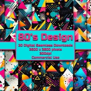 Puede incluir: Un conjunto de 20 patrones digitales sin costuras en un estilo retro de los 80. Los patrones presentan formas geométricas, colores brillantes y un diseño pixelado. Los patrones son de 3600 x 3600 píxeles y 300 ppp. Son para uso comercial.