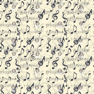 K&ouml;nnte beinhalten: Ein nahtloses Muster mit schwarzen Musiknoten auf cremefarbenem Hintergrund. Die Noten sind zuf&auml;llig verteilt und umfassen Violinschl&uuml;ssel, Viertelnoten und Achtelnoten. Der Hintergrund ist mit einem subtilen Grunge-Effekt strukturiert.