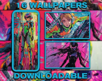 Puede incluir: Una colección de 16 fondos de pantalla descargables con diseños vibrantes, coloridos y abstractos. Los fondos de pantalla presentan una variedad de temas, que incluyen una ciudad futurista, una mujer con un traje espacial y una mujer con cabello largo y negro.
