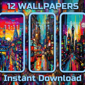 May include: Three phone screen mockups featuring colourful cityscapes. The mockups are set against a blurred background of colourful abstract shapes. The text "12 WALLPAPERS" is at the top of the image. The text "Instant Download" is at the bottom of the image.