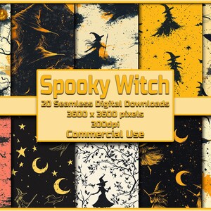 May include: A set of 20 digital seamless patterns featuring spooky witch silhouettes, stars, moons, bats, and pumpkins. The patterns are in black, white, yellow, orange, and pink. The patterns are 3600 x 3600 pixels and 300dpi. Commercial use is allowed.