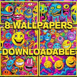 Puede incluir: Un collage de ocho papeles pintados psicodélicos coloridos con caras de dibujos animados y diseños abstractos. El texto "8-WALLPAPERS DOWNLOADABLE" se muestra en amarillo.
