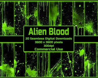 May include: 20 seamless digital downloads of green alien blood splatter patterns on a black background. Each pattern is 3600 x 3600 pixels and 300dpi.  Alien Blood. Commercial Use.