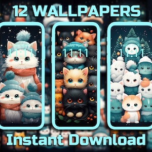 Holiday Cats Mobile Wallpaper 12 Digital Download Backgrounds Holiday Wallpaper Cute iPhone Backgrounds Android Wallpaper Winter Wallpaper