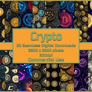 Puede incluir: Un conjunto de 20 patrones sin costuras descargables digitalmente que presentan varios símbolos de criptomonedas. Los patrones son de varios colores y estilos, incluyendo negro, blanco, azul, verde y rojo. El texto "Crypto" se muestra en un cuadro verde en la parte superior de la imagen. El texto "20 Seamless Digital Downloads", "3600 x 3600 pixels", "300dpi" y "Commercial Use" se muestra en un cuadro blanco debajo del texto "Crypto".
