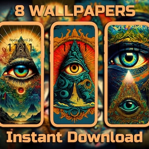 May include: Three phone screen mockups with a psychedelic, all-seeing eye design. The design features a pyramid, an eye, and a clock face. The text "Friday, April 20" is visible on the clock face. The mockups are set against a blurred background of similar designs.