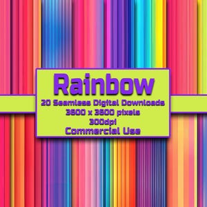 May include: A vibrant digital download graphic featuring a rainbow of vertical stripes in various colors. A rectangular sign with the word "Rainbow" and details about the digital downloads is centered on the image.
