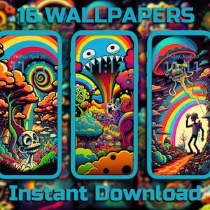 May include: Three colorful phone wallpapers with psychedelic designs. The first wallpaper features a rainbow, a spiral, and a skull. The second wallpaper features a rainbow, a monster, and a mushroom. The third wallpaper features a rainbow, a mushroom, and a person.