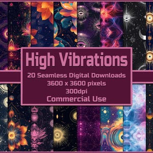Puede incluir: Un conjunto de 20 patrones digitales sin costuras que presentan una variedad de diseños celestiales y espirituales. Los patrones están en un fondo azul oscuro con acentos dorados, rosados y morados. Los patrones incluyen estrellas, lunas, ojos, flores y formas geométricas. El texto "High Vibrations" se muestra en una fuente rosa. El texto "20 Seamless Digital Downloads 3600 x 3600 pixels 300dpi Commercial Use" se muestra en una fuente blanca.