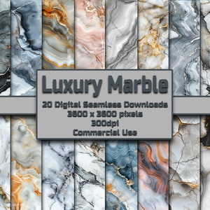 May include: 20 digital seamless marble patterns in various shades of grey, white, and gold. Each pattern is 3600 x 3600 pixels and 300 dpi.  Commercial use.