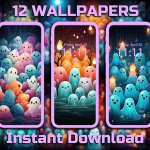 Cute Pastel Ghosts Phone Wallpaper 12 Digital Download Backgrounds Aesthetic Mobile Wallpaper Halloween Backgrounds iPhone Android Wallpaper