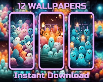 Cute Pastel Ghosts Phone Wallpaper 12 Digital Download Backgrounds Aesthetic Mobile Wallpaper Halloween Backgrounds iPhone Android Wallpaper