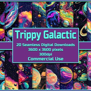 Könnte beinhalten: 20 nahtlose digitale Downloads von psychedelischen galaktischen Weltraummustern in leuchtenden Farben. Jedes Muster ist 3600 x 3600 Pixel groß und hat 300 dpi. Kommerzielle Nutzung ist erlaubt.