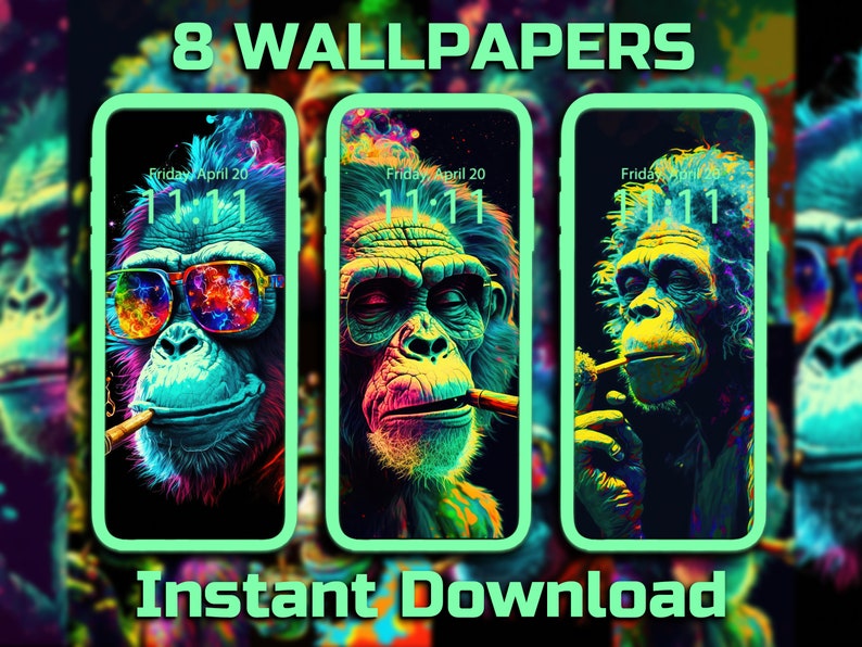 Psychedelic Monkey Phone Wallpaper Digital Download Backgrounds Trippy iPhone Background Stoned Monkey Android Background Hippie Wallpapers image 1