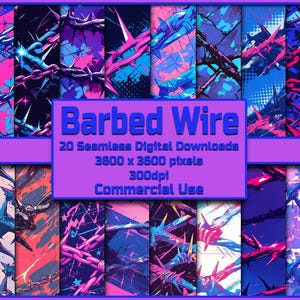 Puede incluir: Una colección de 20 patrones digitales sin costuras que presentan un diseño de alambre de púas en tonos de azul, rosa y morado. Los patrones son de 3600 x 3600 píxeles y 300 ppp. El texto "Barbed Wire" se muestra en letras azules sobre un fondo morado. El texto "20 Seamless Digital Downloads" se muestra en letras blancas sobre un fondo morado. El texto "3600 x 3600 pixels" se muestra en letras blancas sobre un fondo morado. El texto "300dpi" se muestra en letras blancas sobre un fondo morado. El texto "Commercial Use" se muestra en letras blancas sobre un fondo morado.