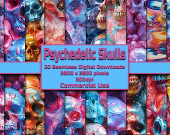 Patrón de calaveras psicodélicas Descarga digital Fondo de mosaico Cráneos 3D Fondo de pantalla Uso comercial Textura Alucinante Papel digital Trippy
