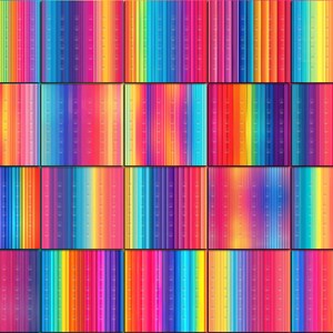 May include: A colourful, abstract design composed of a grid of rectangular panels. Each panel showcases vertical stripes in a spectrum of colours, including red, orange, yellow, green, blue, and purple. The overall effect is a bright and visually striking display.